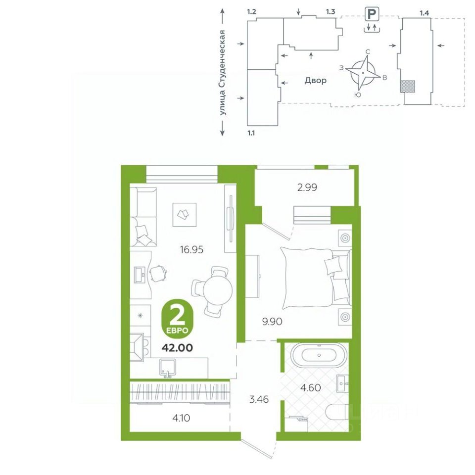 1-к кв. Свердловская область, Екатеринбург ул. Студенческая, 1А (42.0 м²)