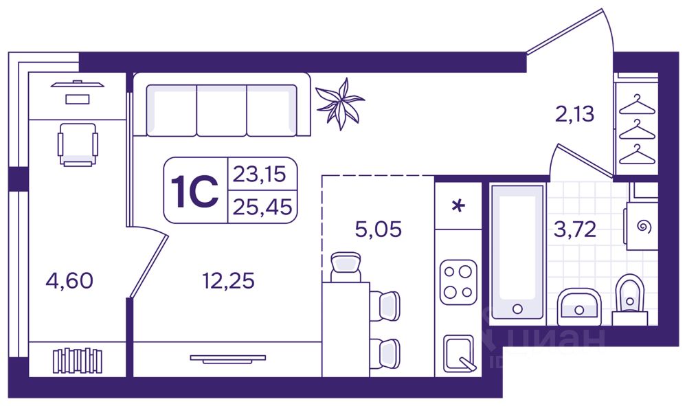 Студия Свердловская область, Екатеринбург пер. Проходной, 1Б (25.45 м²)