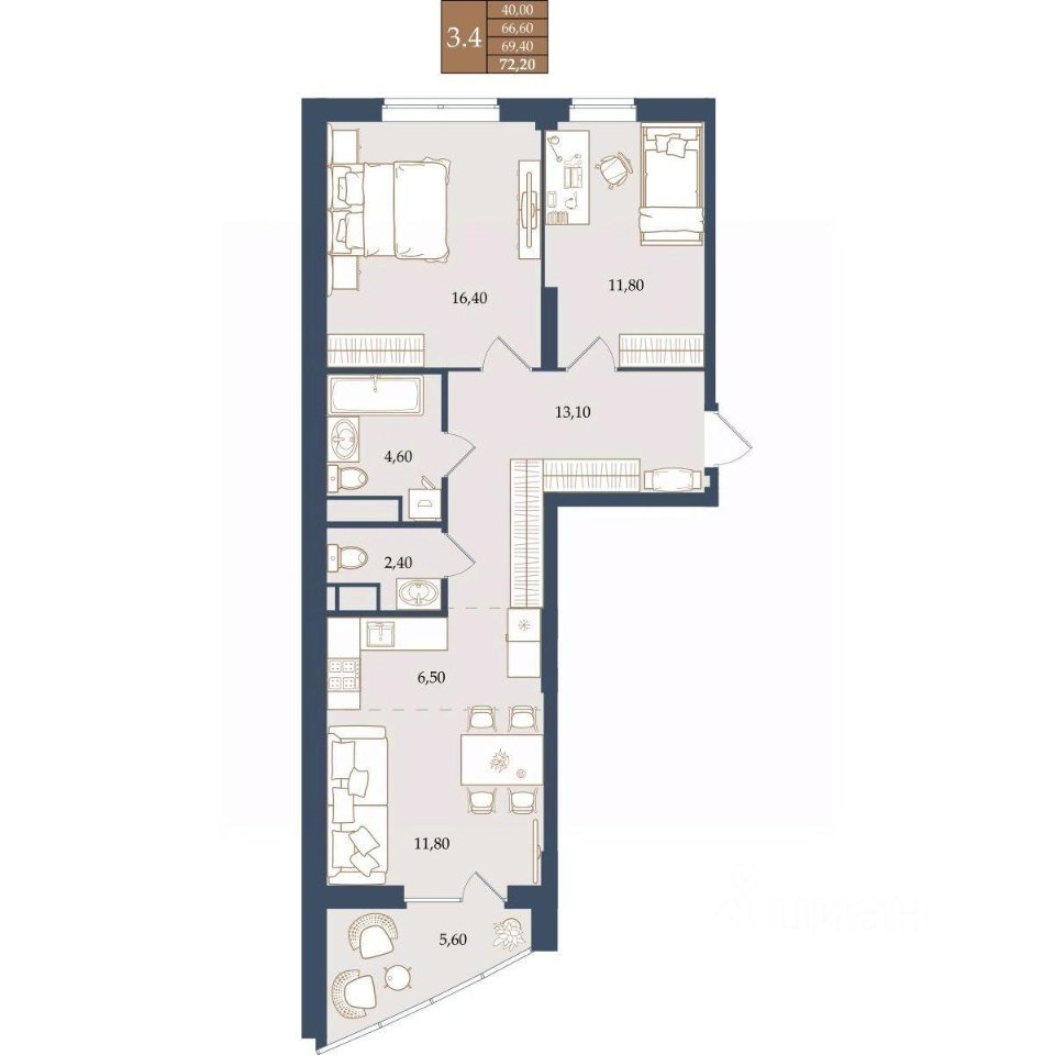 2-к кв. Свердловская область, Екатеринбург ул. Щербакова, 20 (69.4 м²)