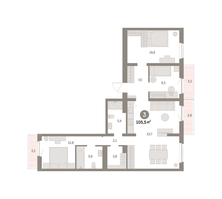 3-комнатная квартира: Екатеринбург, Благодатская улица, 15 (105.47 м²)