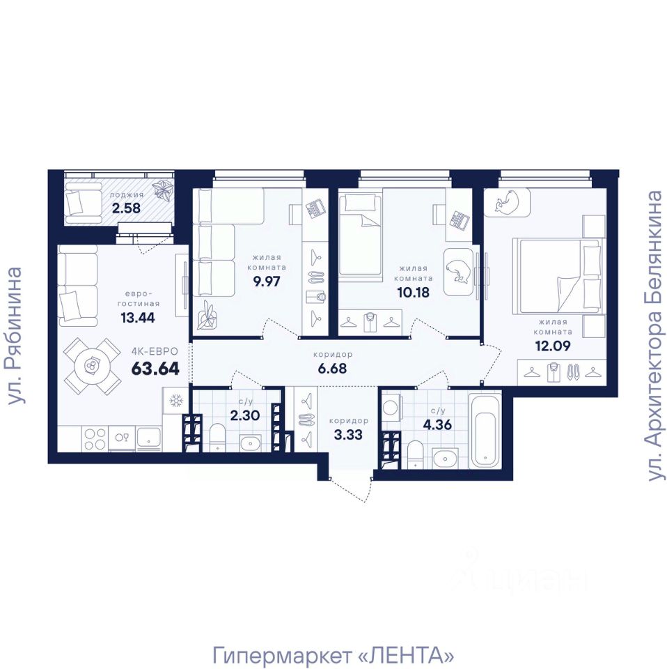 3-к кв. Свердловская область, Екатеринбург ул. Рябинина, 42 (63.64 м²)