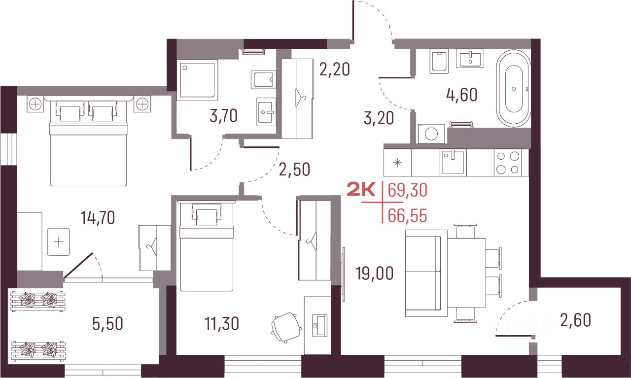 2-к кв. Свердловская область, Екатеринбург ул. Академика Вавилова, 7 (67.7 м²)