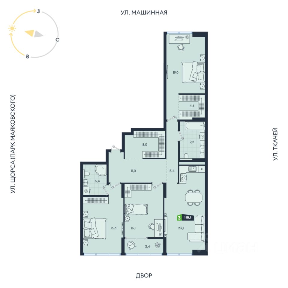 3-к кв. Свердловская область, Екатеринбург ул. Машинная, 1в/2 (118.1 м²)