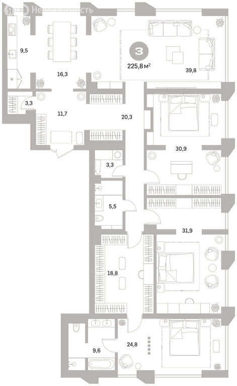 3-комнатная квартира: Екатеринбург, улица Гоголя, 21 (225.77 м²)