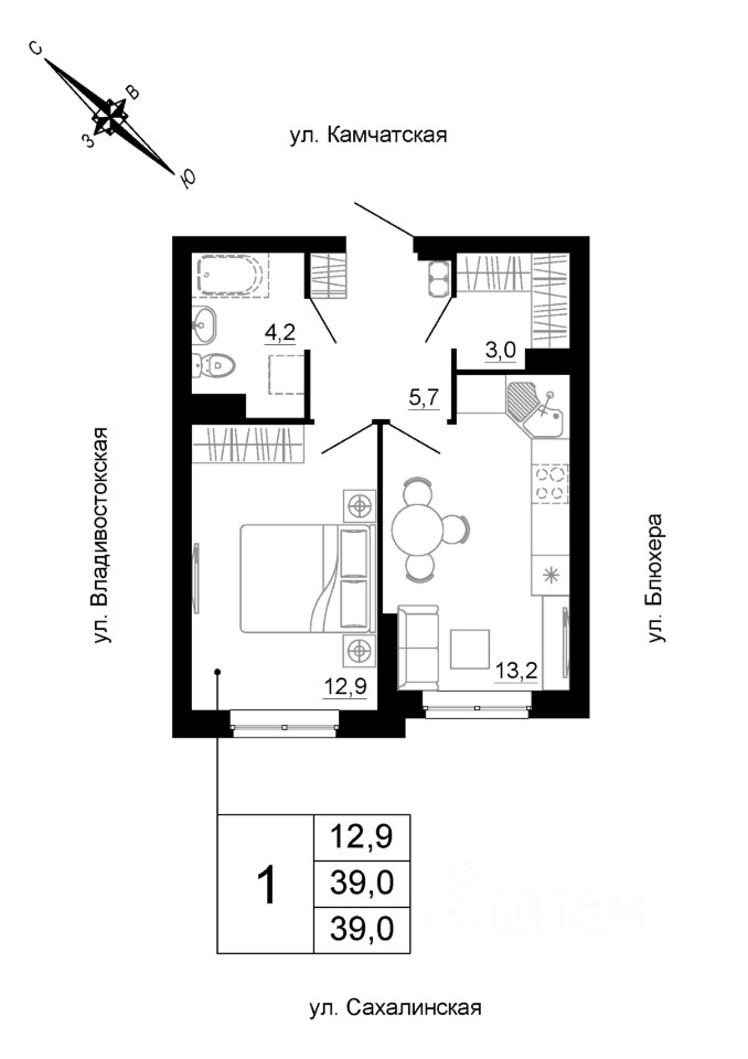 1-к кв. Свердловская область, Екатеринбург ул. Сахалинская, 22 (39.0 м²)