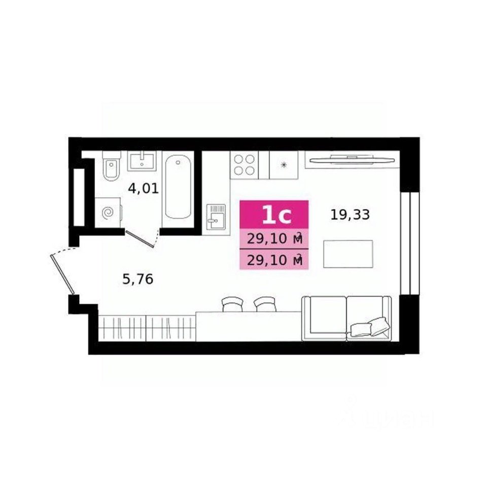 Студия Свердловская область, Екатеринбург ул. Монтерская (29.1 м²)