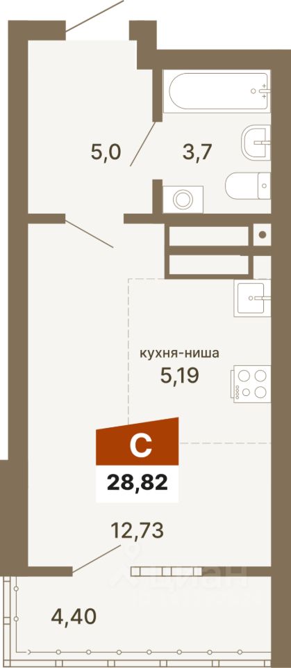 Студия Свердловская область, Екатеринбург Юго-Западный жилрайон, Трилогия жилой квартал,  (28.82 м²)