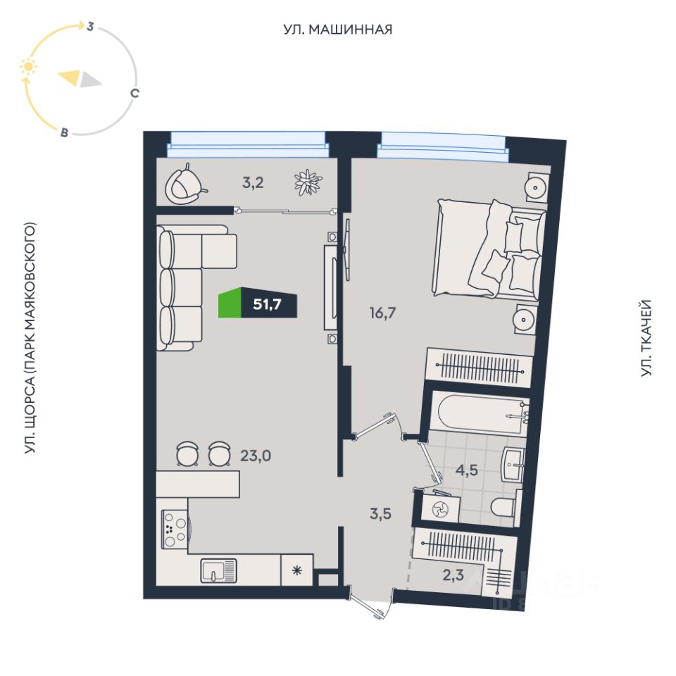 2-к кв. Свердловская область, Екатеринбург ул. Машинная, 1в/2 (51.7 м²)