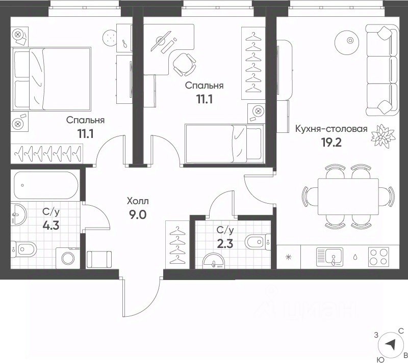 2-к кв. Свердловская область, Екатеринбург Солнечный жилрайон,  (57.0 м²)
