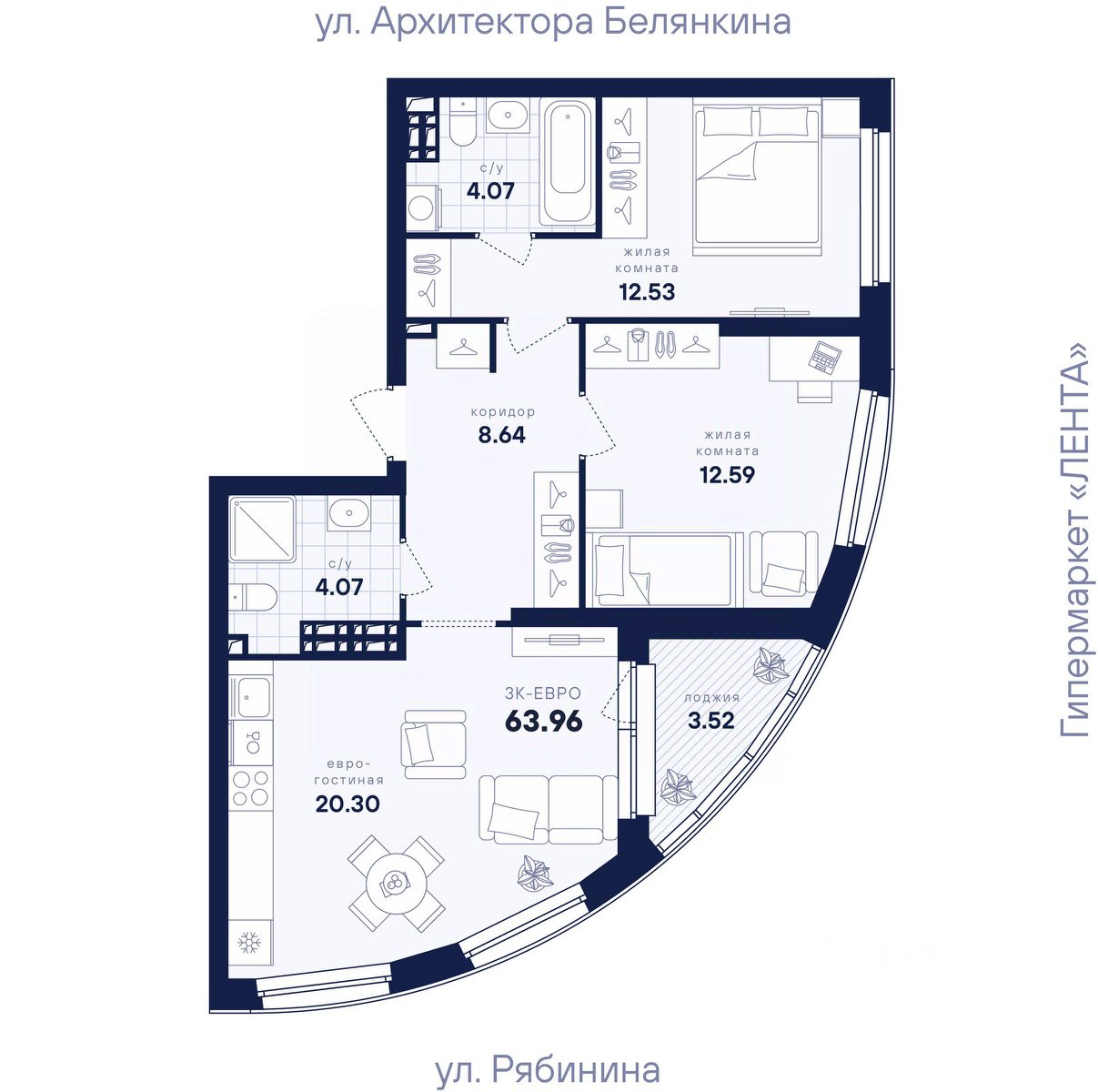 2-к кв. Свердловская область, Екатеринбург ул. Рябинина, 42 (63.96 м²)