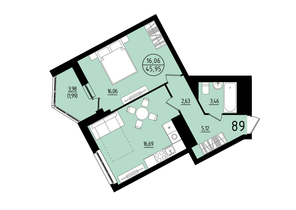 1-комнатная квартира: Екатеринбург, площадь Жуковского, 8 (45.95 м²)