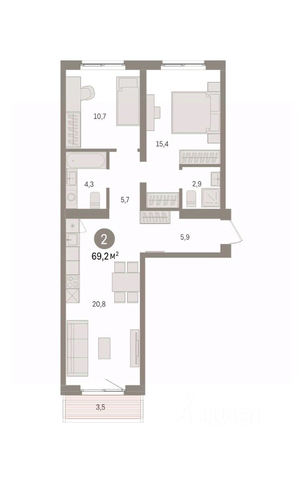 2-к кв. Свердловская область, Екатеринбург пер. Торфяной, 10 (69.2 м²)