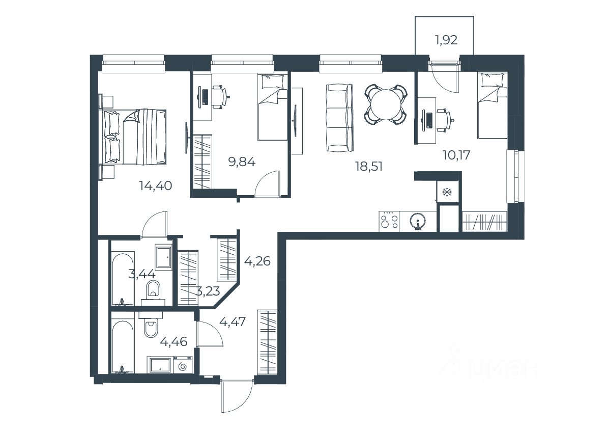 3-к кв. Свердловская область, Екатеринбург ул. Малышева (74.72 м²)