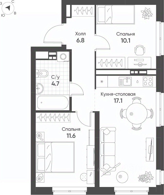 2-к кв. Свердловская область, Екатеринбург Солнечный жилрайон,  (50.3 м²)