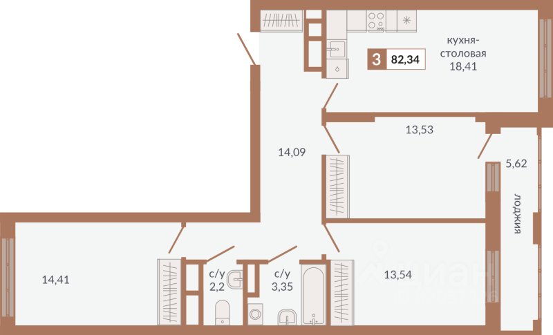 3-к кв. Свердловская область, Екатеринбург пер. Старателей (82.34 м²)