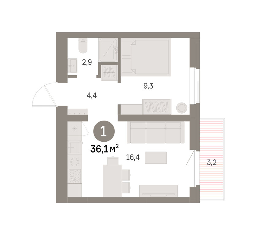 1-комнатная квартира: Екатеринбург, Благодатская улица, 15 (36.09 м²)