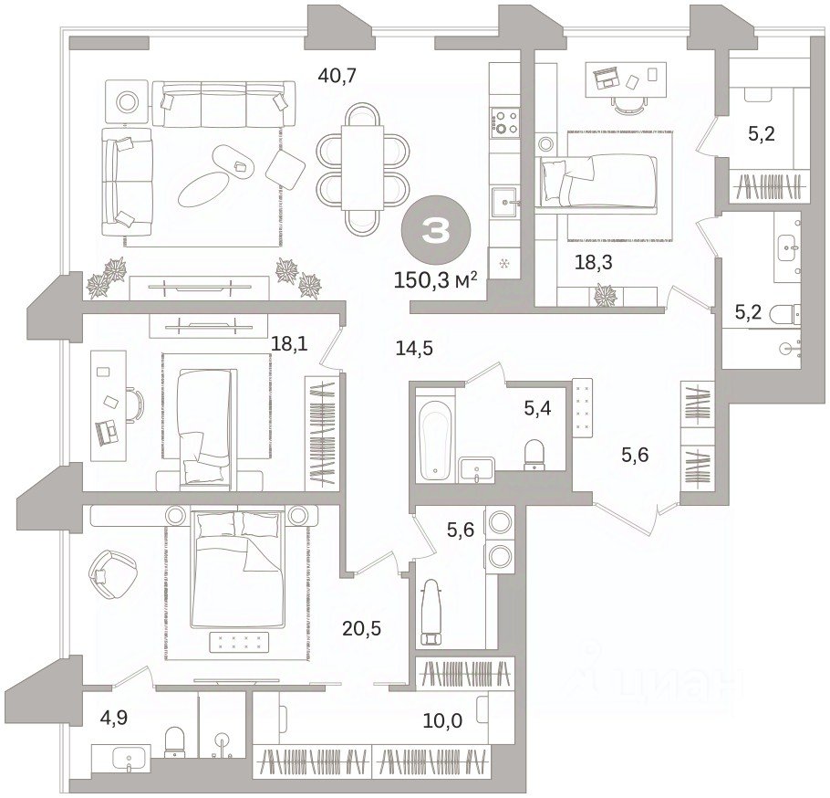 3-к кв. Свердловская область, Екатеринбург ул. Гоголя, 21 (150.32 м²)