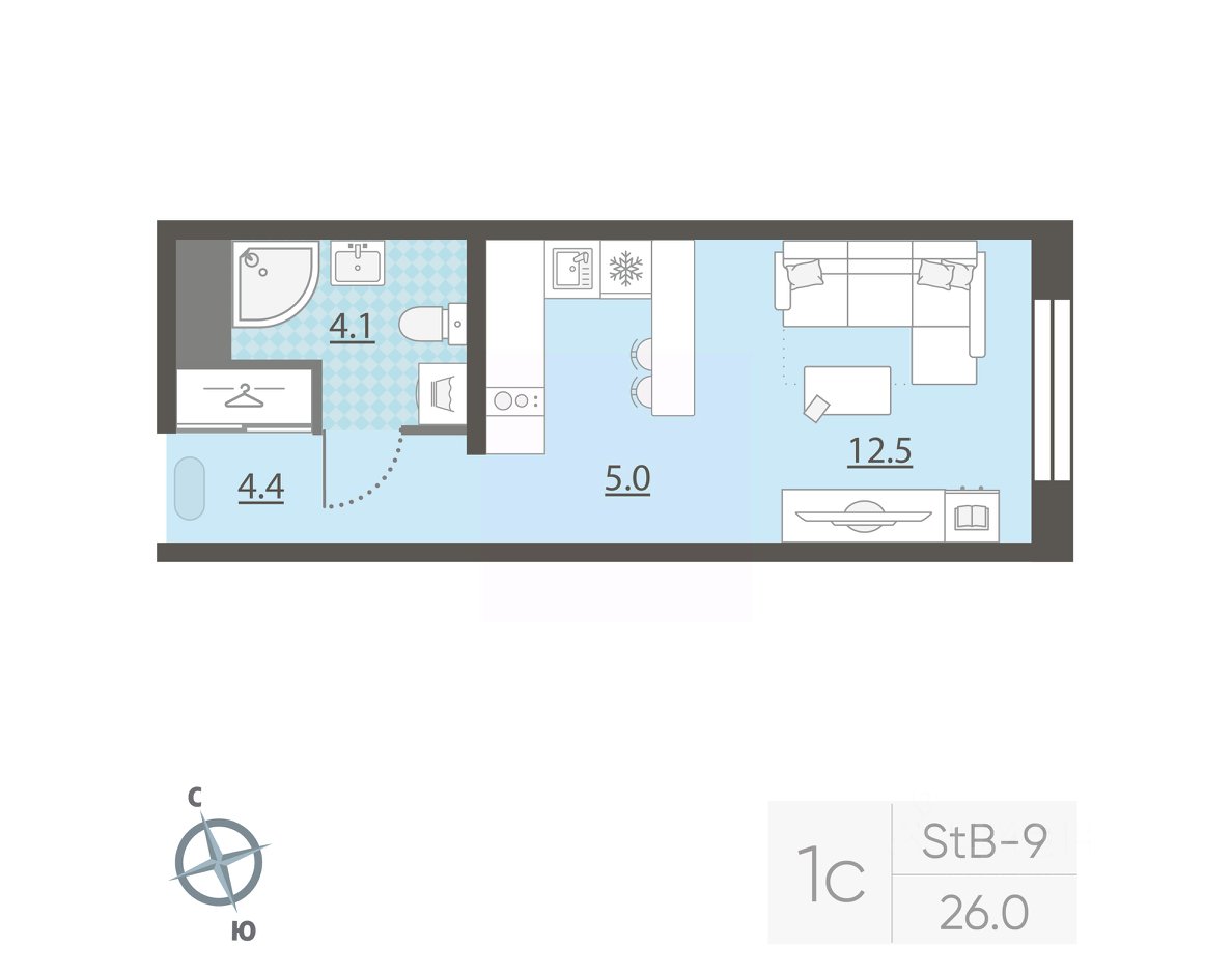 Студия Свердловская область, Екатеринбург ул. Азина, 16/2 (26.0 м²)