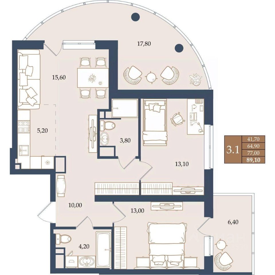 2-к кв. Свердловская область, Екатеринбург ул. Щербакова, 20 (77.0 м²)
