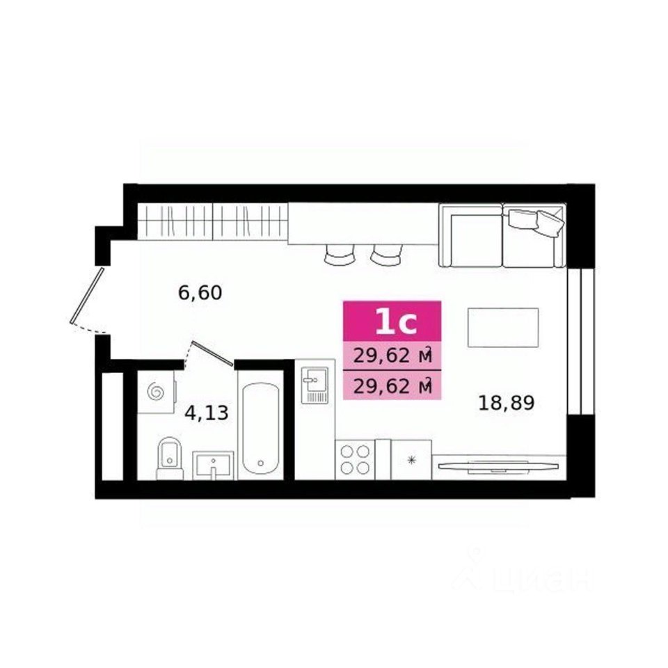 Студия Свердловская область, Екатеринбург ул. Монтерская (29.62 м²)