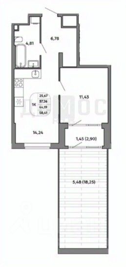 1-к кв. Свердловская область, Екатеринбург просп. Космонавтов, 91Г (44.19 м²)