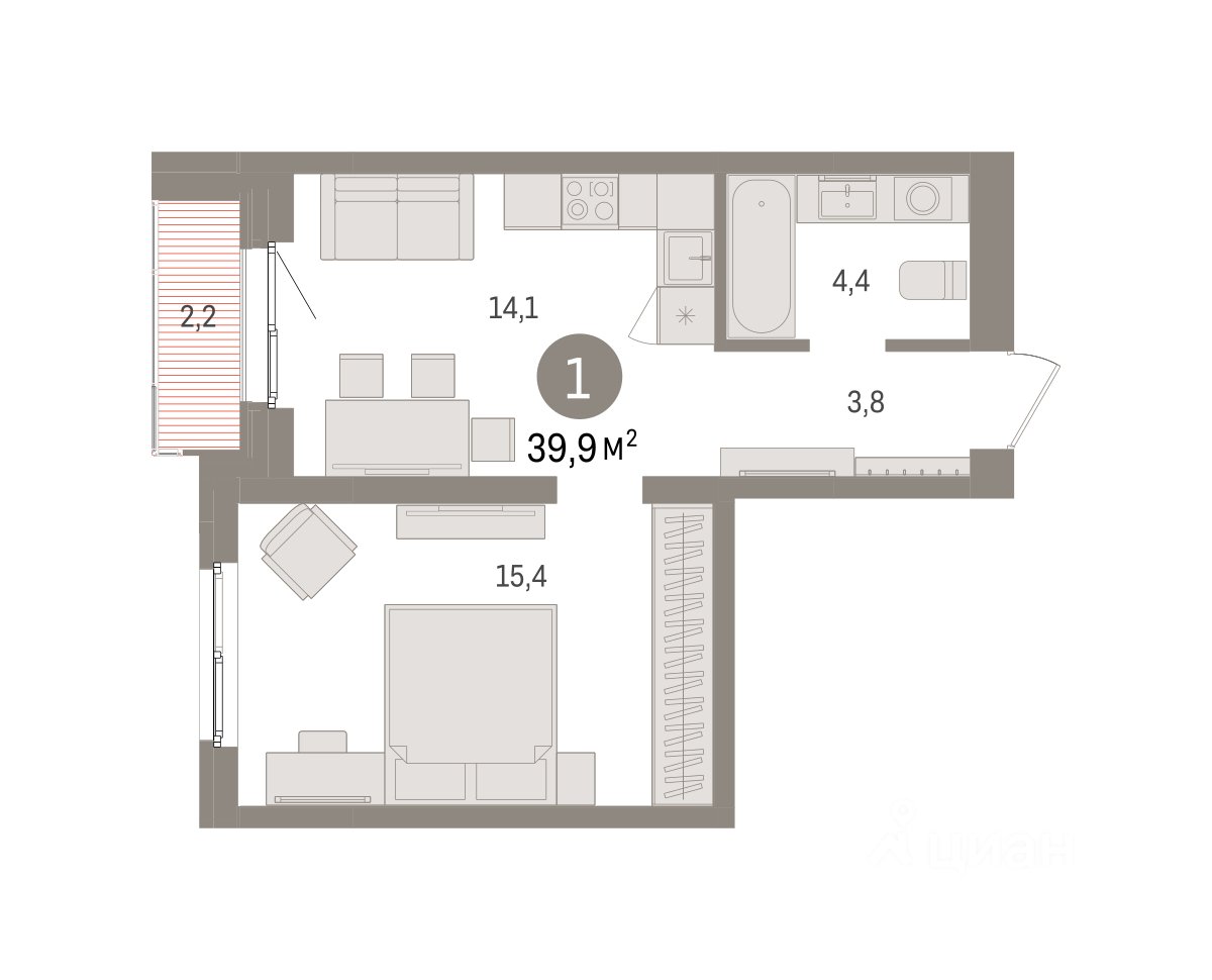 1-к кв. Свердловская область, Екатеринбург пер. Торфяной, 10 (39.9 м²)
