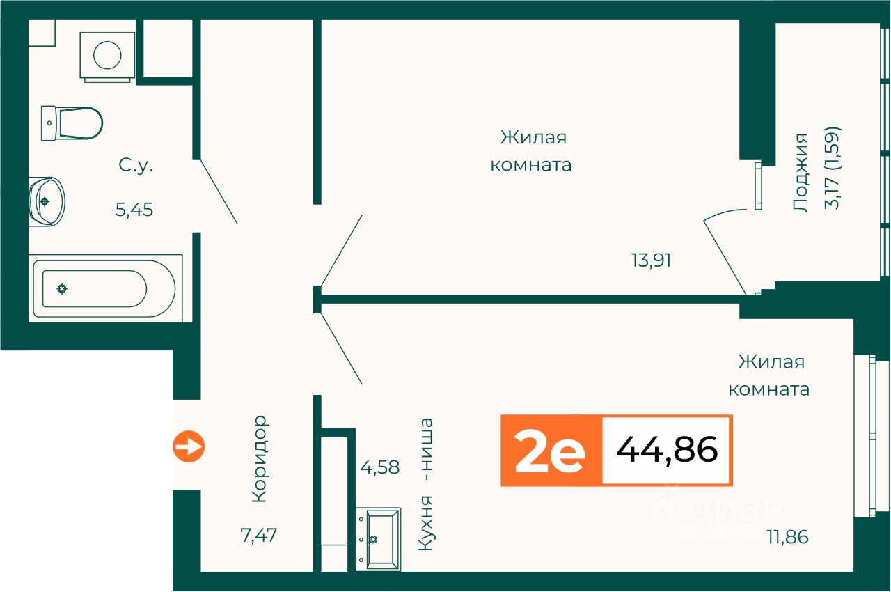 Студия Свердловская область, Екатеринбург ВИЗ жилрайон,  (44.86 м²)