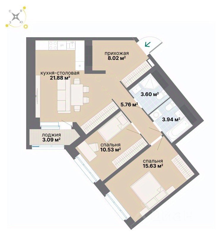 2-к кв. Свердловская область, Екатеринбург ул. Вилонова (72.45 м²)