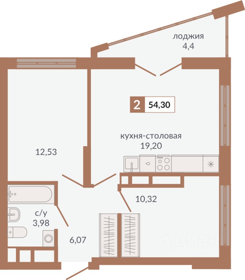 2-к кв. Свердловская область, Екатеринбург пер. Старателей (54.3 м²)