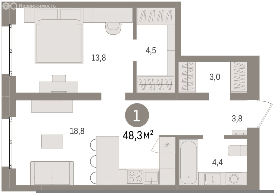 1-комнатная квартира: Екатеринбург, Торфяной переулок, 10 (48.3 м²)