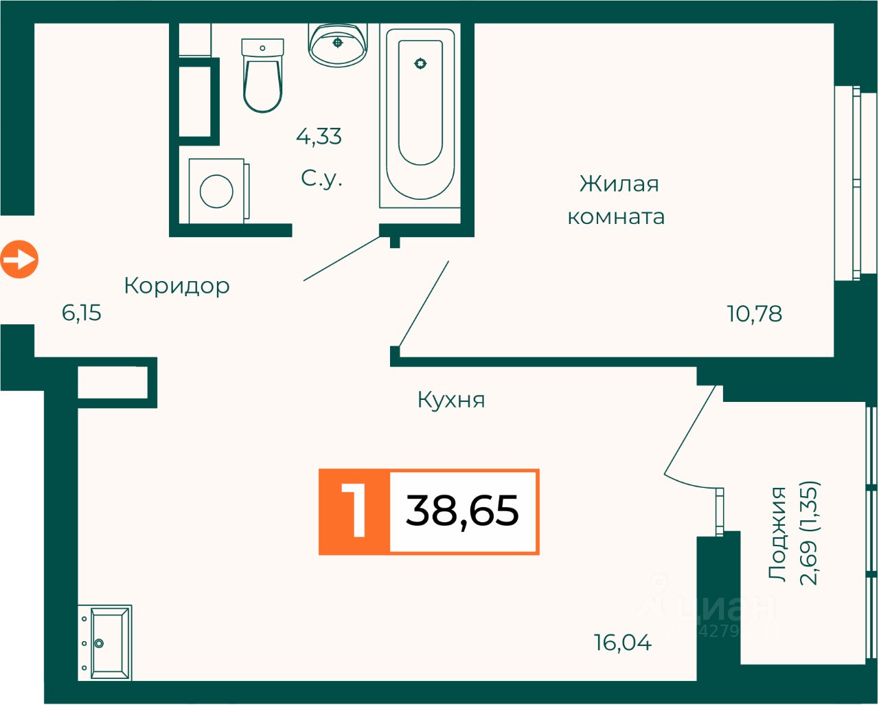 1-к кв. Свердловская область, Екатеринбург ВИЗ жилрайон,  (38.65 м²)