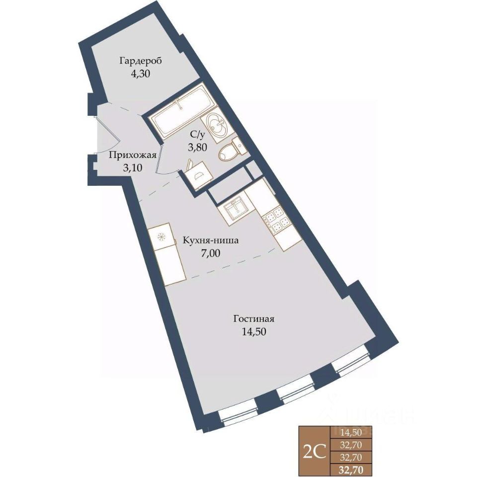 Студия Свердловская область, Екатеринбург ул. Щербакова, 20 (32.7 м²)