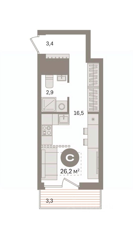 Студия Свердловская область, Екатеринбург ул. Войкова, 15 (26.17 м²)