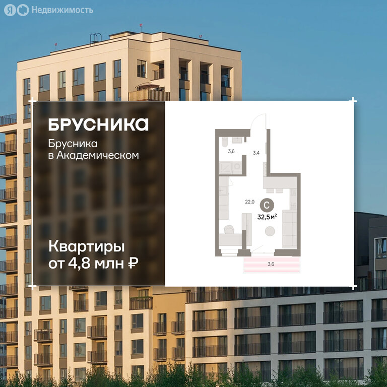 Квартира-студия: Екатеринбург, микрорайон Академический, 19-й квартал, ЖК Брусника в Академическом (32.52 м²)