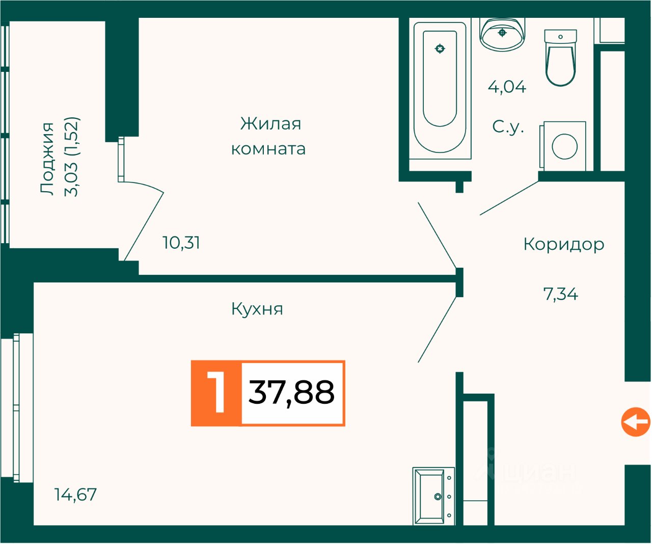1-к кв. Свердловская область, Екатеринбург ВИЗ жилрайон,  (37.88 м²)