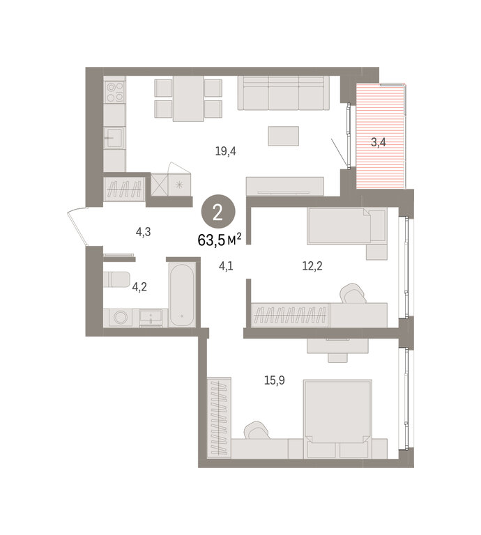 2-комнатная квартира: Екатеринбург, Торфяной переулок, 10 (63.5 м²)