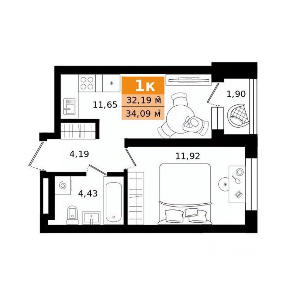 1-к кв. Свердловская область, Екатеринбург ул. Монтерская (34.09 м²)