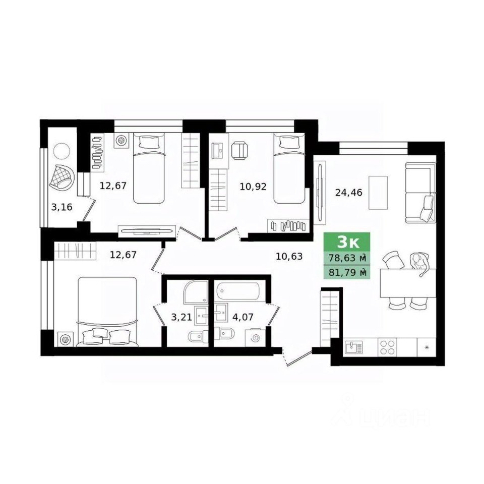 3-к кв. Свердловская область, Екатеринбург ул. Монтерская (81.79 м²)