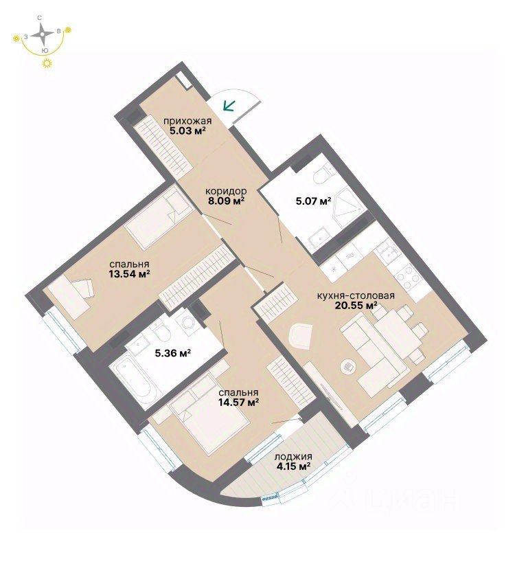 2-к кв. Свердловская область, Екатеринбург ул. Вилонова (76.36 м²)