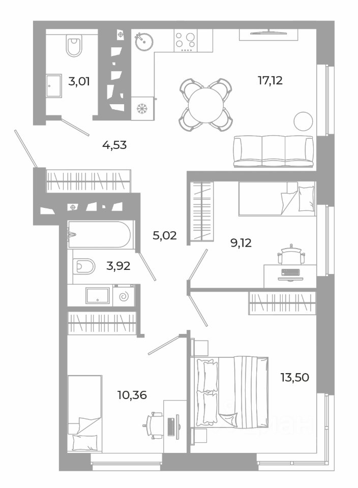3-к кв. Свердловская область, Екатеринбург ул. Академика Ландау, 5/1 (66.58 м²)