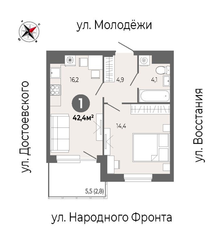 1-комнатная квартира: Екатеринбург, улица Восстания, 131 (42.4 м²)