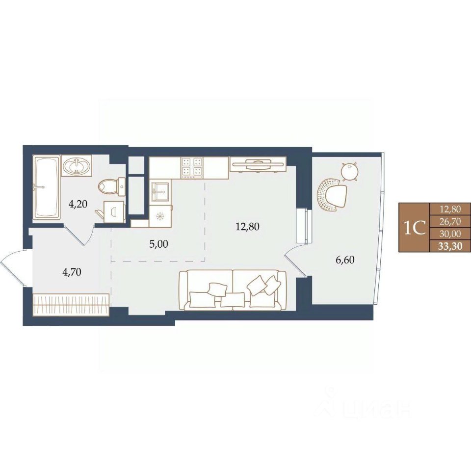 Студия Свердловская область, Екатеринбург ул. Щербакова, 20 (30.0 м²)