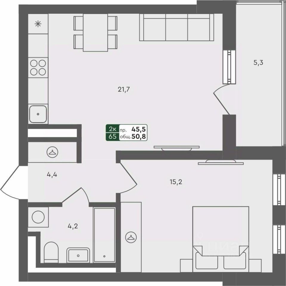 1-к кв. Свердловская область, Екатеринбург ул. Абрикосовая, 60/1 (50.8 м²)