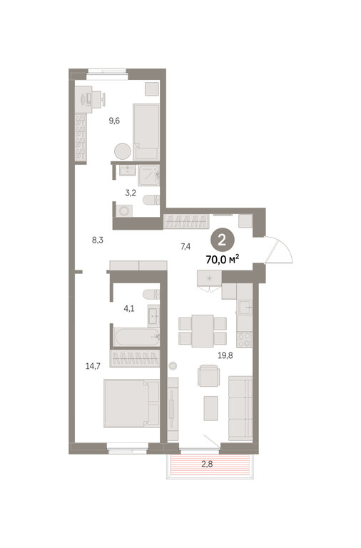 2-комнатная квартира: Екатеринбург, Благодатская улица, 15 (69.99 м²)
