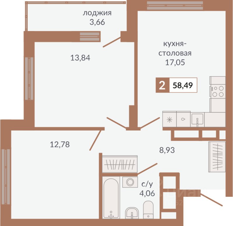 2-к кв. Свердловская область, Екатеринбург пер. Старателей (58.49 м²)