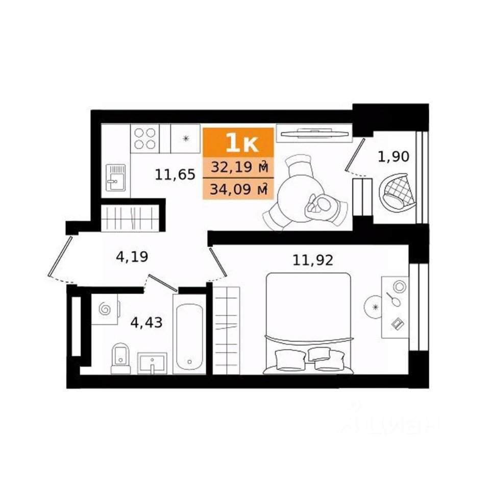 1-к кв. Свердловская область, Екатеринбург ул. Монтерская (34.09 м²)