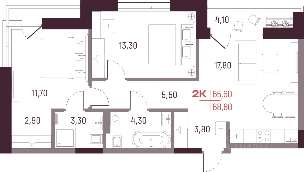 2-к кв. Свердловская область, Екатеринбург ул. Академика Вавилова, 9 (65.8 м²)