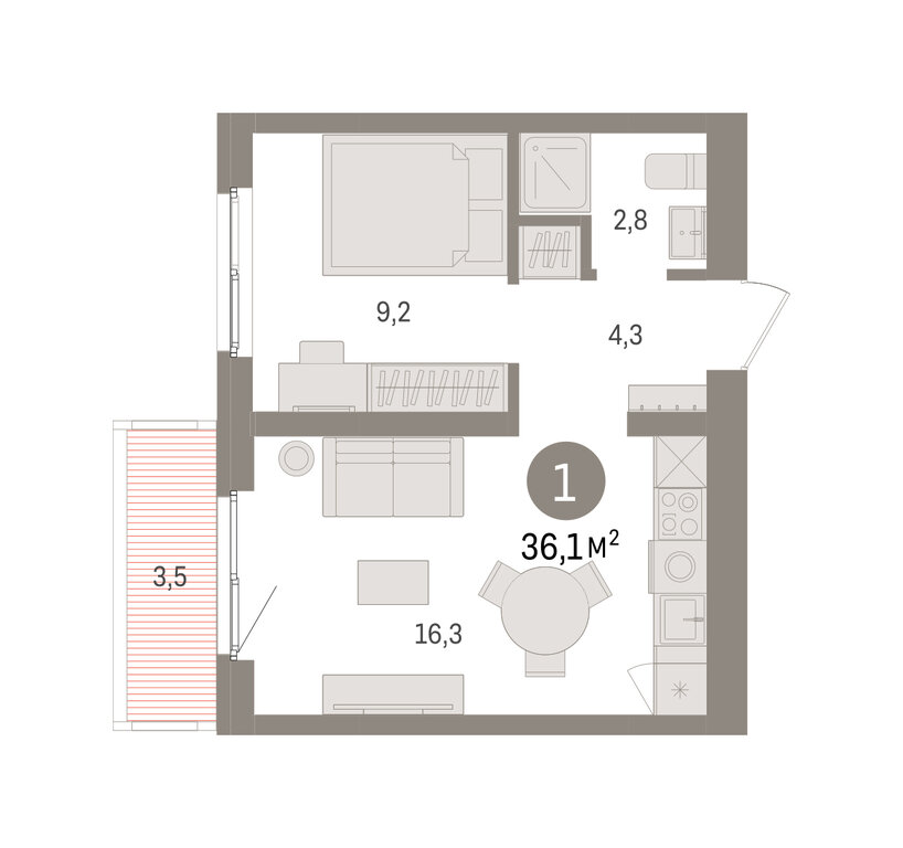 1-комнатная квартира: Екатеринбург, Торфяной переулок, 10 (36.1 м²)