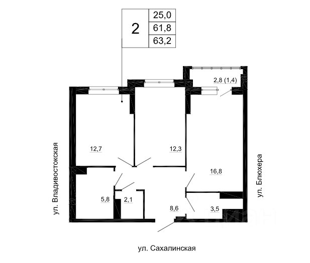 2-к кв. Свердловская область, Екатеринбург ул. Сахалинская, 22 (63.2 м²)