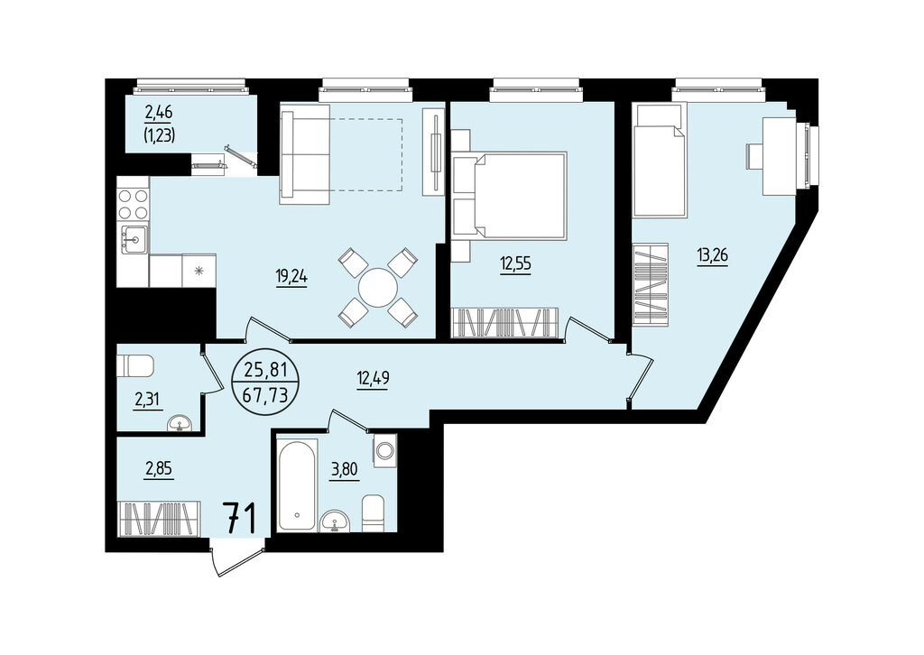 2-комнатная квартира: Екатеринбург, площадь Жуковского, 8 (67.73 м²)